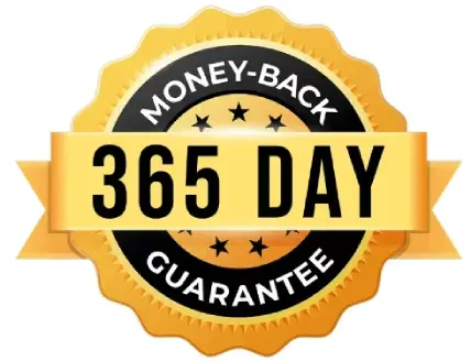 365-day money-back guarantee badge indicating refund policy terms for customer protection